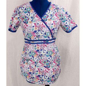 Liana Medical Scrub Top Women's XS Blue Multicolor Pattern VTG V-Neck Tie Back